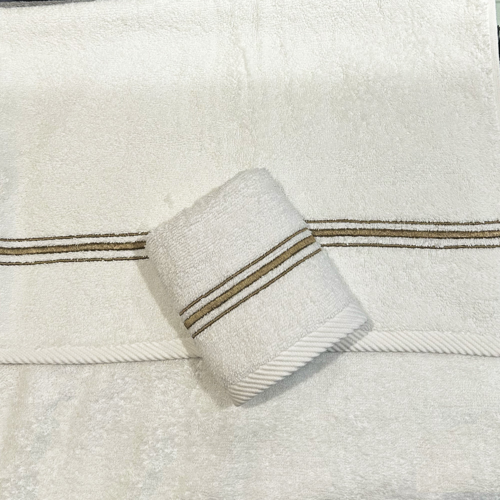 3 Lines Towel Set  (3 Pcs) - White / Beige